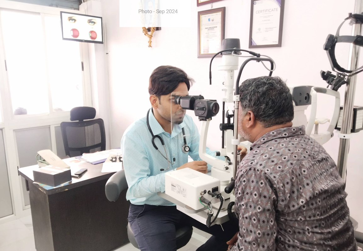 Dr. Shlok examining a patient at Om's Eye Clinic